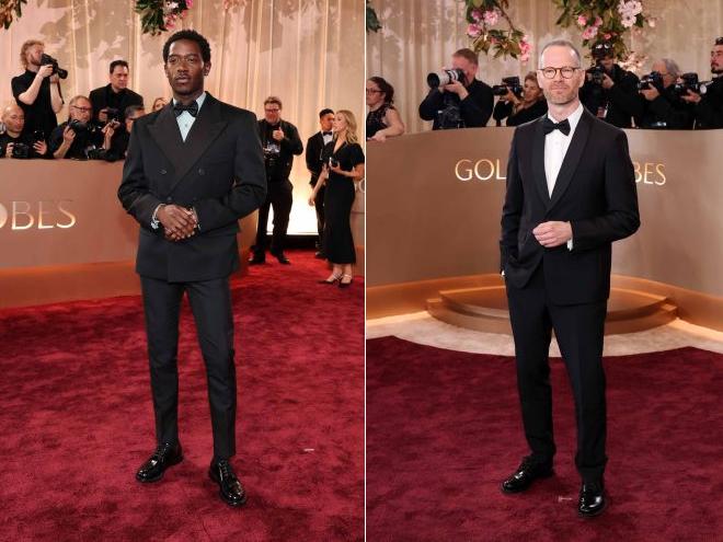Motagem de fotos de homens usando smoking Prada no Golden Globe 2026.