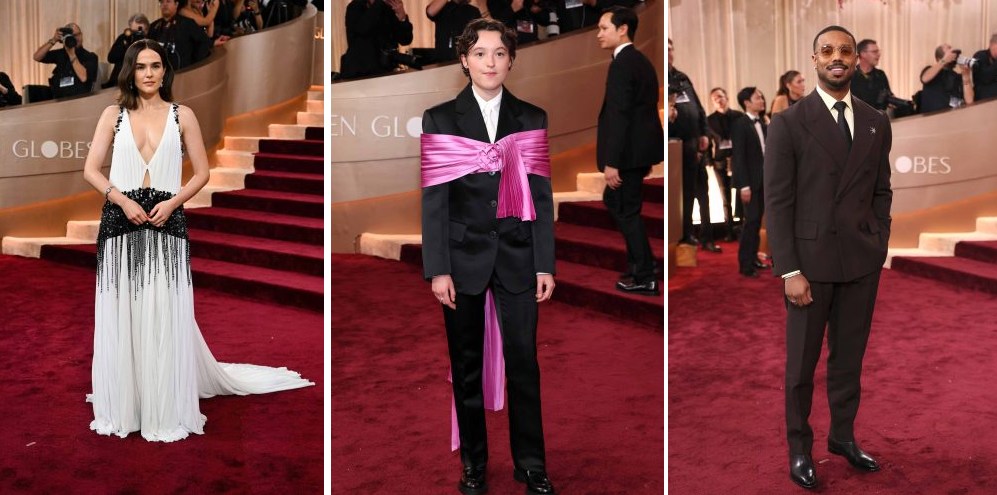 Montagem de fotos de celebridades usando looks Prada no tapete vermelho do glboo de ouro 2026.