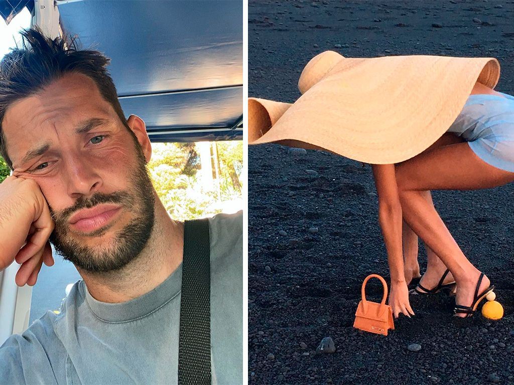 Montagem de fotos do fundador da Jacquemus, Simon Porte, ao lado de uma campanha que sintetiza o estilo da marca: a desconstrução das proporções tradicionais, com chapéus monumentais e bolsas compactas que conquistaram o mercado de luxo atual.