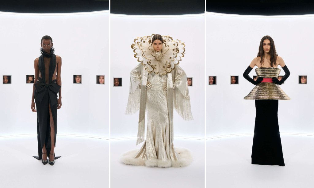 Montagem de fotos de looks da
Valentino na Semana de Alta-Costura Verão 2026.