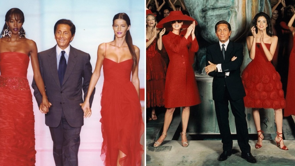Fotos de Valentino com seus vestidos vermelhos.
