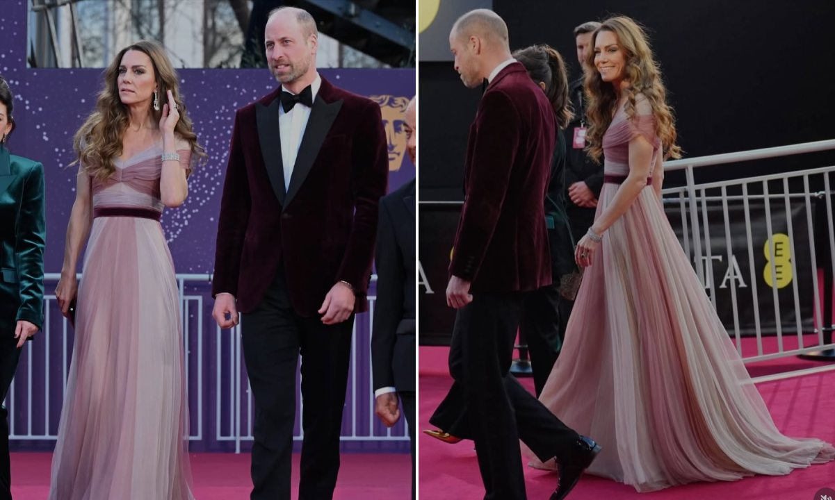 Montagem de fotos do Príncipe William e Kate no tapete vermelho do Bafta 2026.