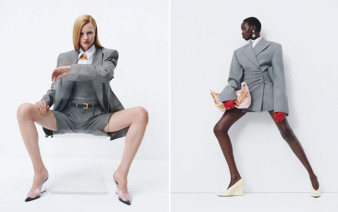 Montagem de fotos de modelos usando blazers, shorts e camisas de alfaiataria feminina da Prada.