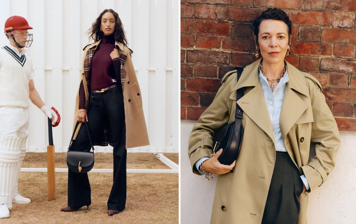 Montagem de fotos de mulheres usando calças,casacos e camisas de alfaiataria feminina da Burberry.