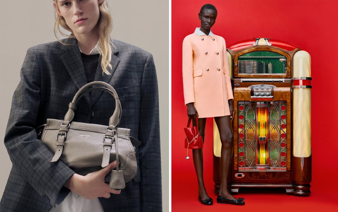 Montagem de fotos de mulheres usando blazer oversized e casaco da Prada.