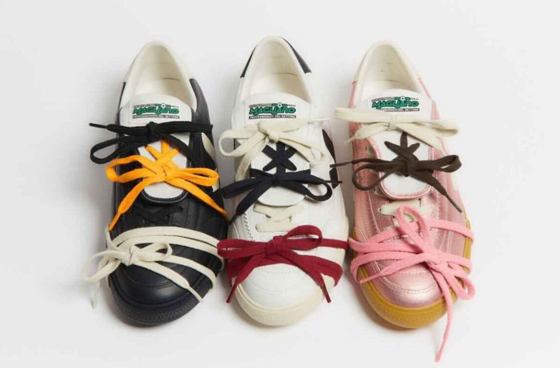 Foto de três versões do modelo de tênis sustentável da marca Veja com a marca italiana Magliano.