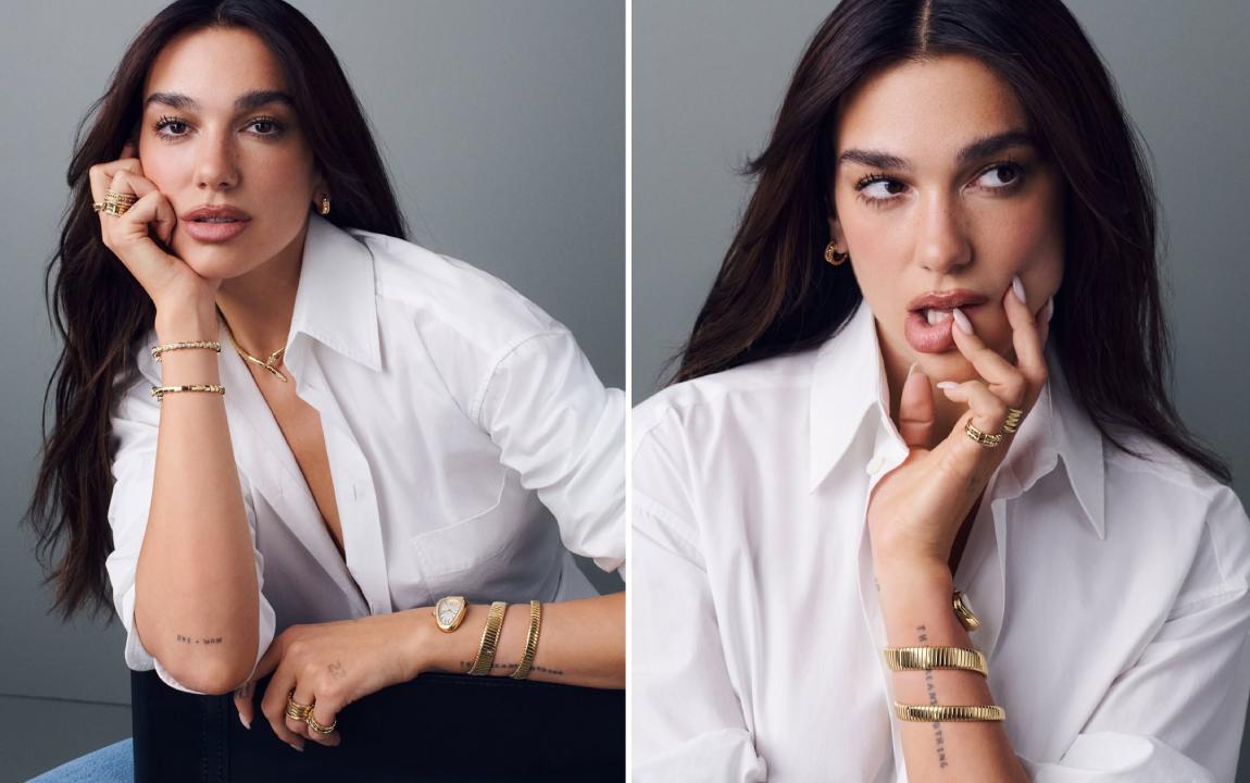 Fotos da cantora Dua Lipa usando joias icônicas da Bulgari como o relógio serpenti.