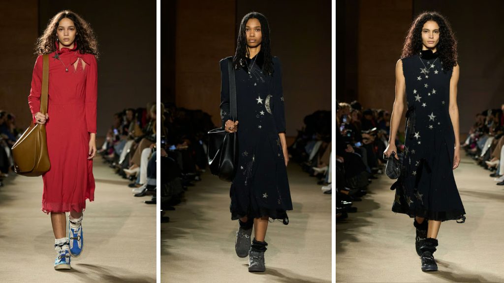 Montagem de fotos de modelos usando vestidos da Coach no Desfile Inverno 2026/27 na NYFW.