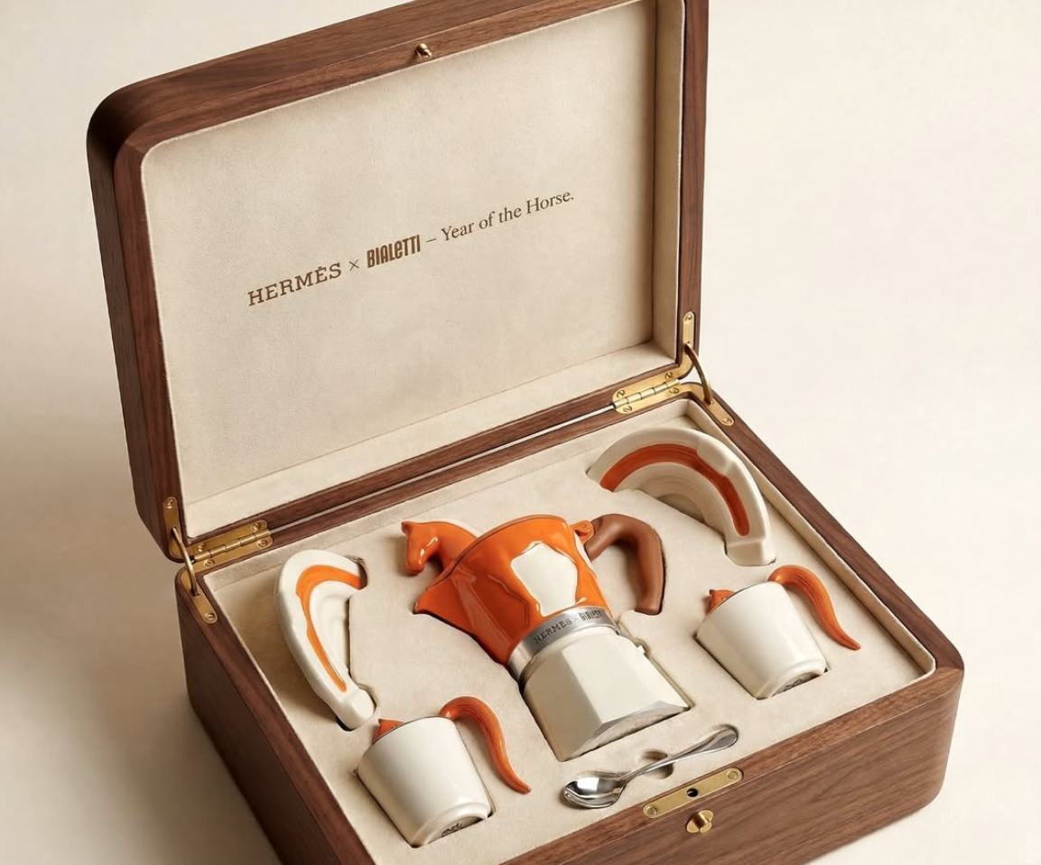Foto de maleta da collab conceito Hermès X Bialetti com itens de porcelana para café.