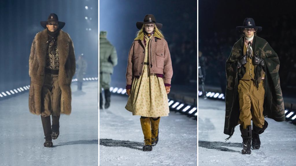 Montagem de looks femininos e masculinos da Moncler, coleção Inverno 2026.