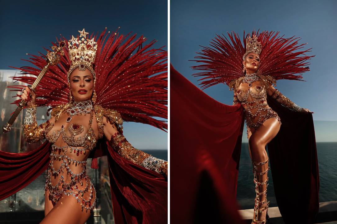 Montagem de fotos da atriz Juliana Paes, Rainha da Bateria da Unidos do Viradouro, usando fantasia de Carnaval assinada pela Dolce Gabbana.