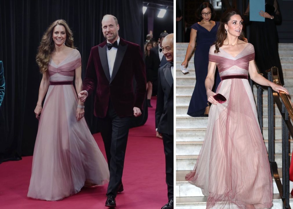 Montagem de fotos da Duquesa de Cambridge,  Kate Middleton, com o mesmo vestido da Gucci em dois compromissos: BAFTA Awards 2026 na foto da esquerda e gala da Mentally Healthy School, na direita.