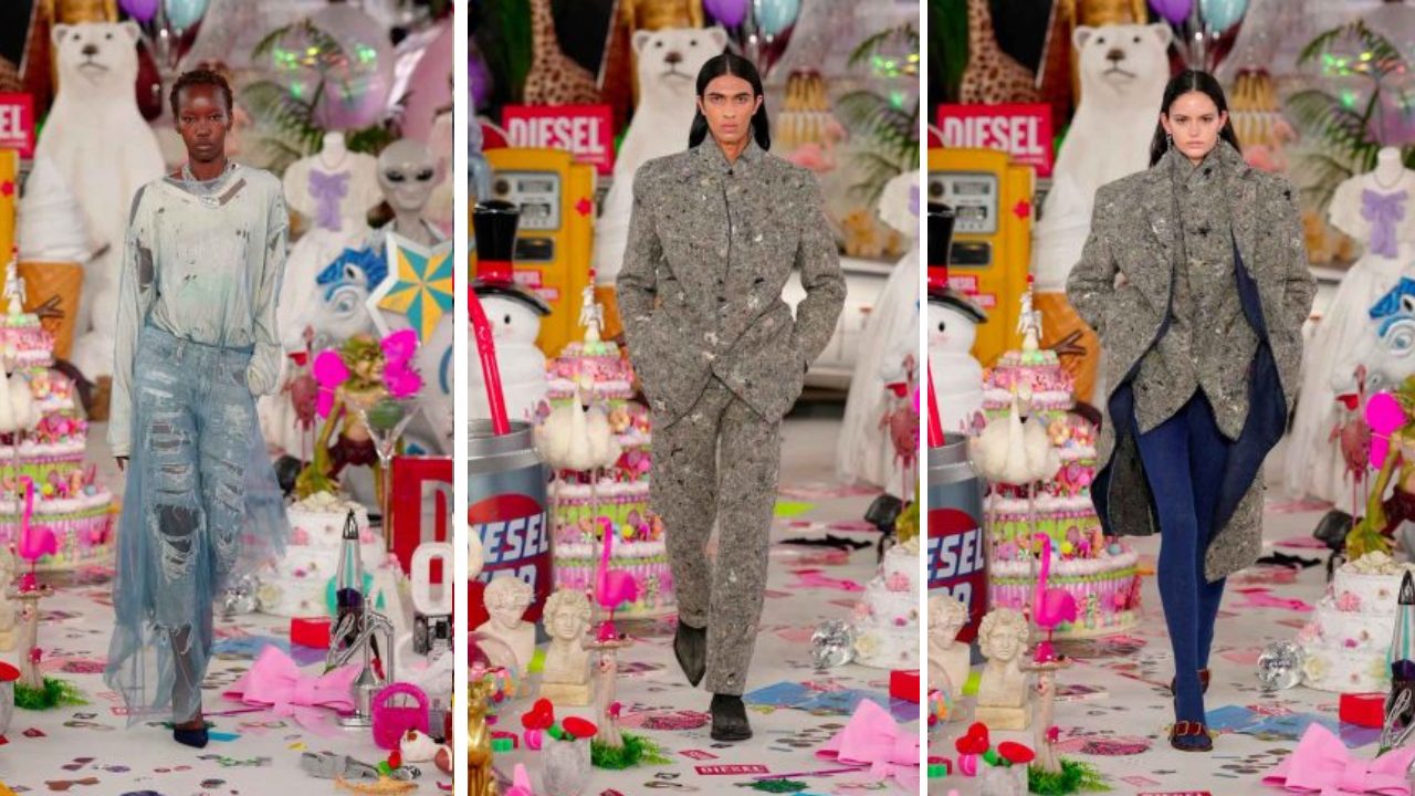 Montagem de fotos do Desfile Inverno 2026/27 da Diesel no primeiro dia da Semana de Moda de Milão.