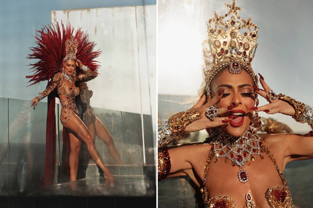 Montagem de fotos da fantasia de carnaval da Rainha de Bateria Juliana Paes.