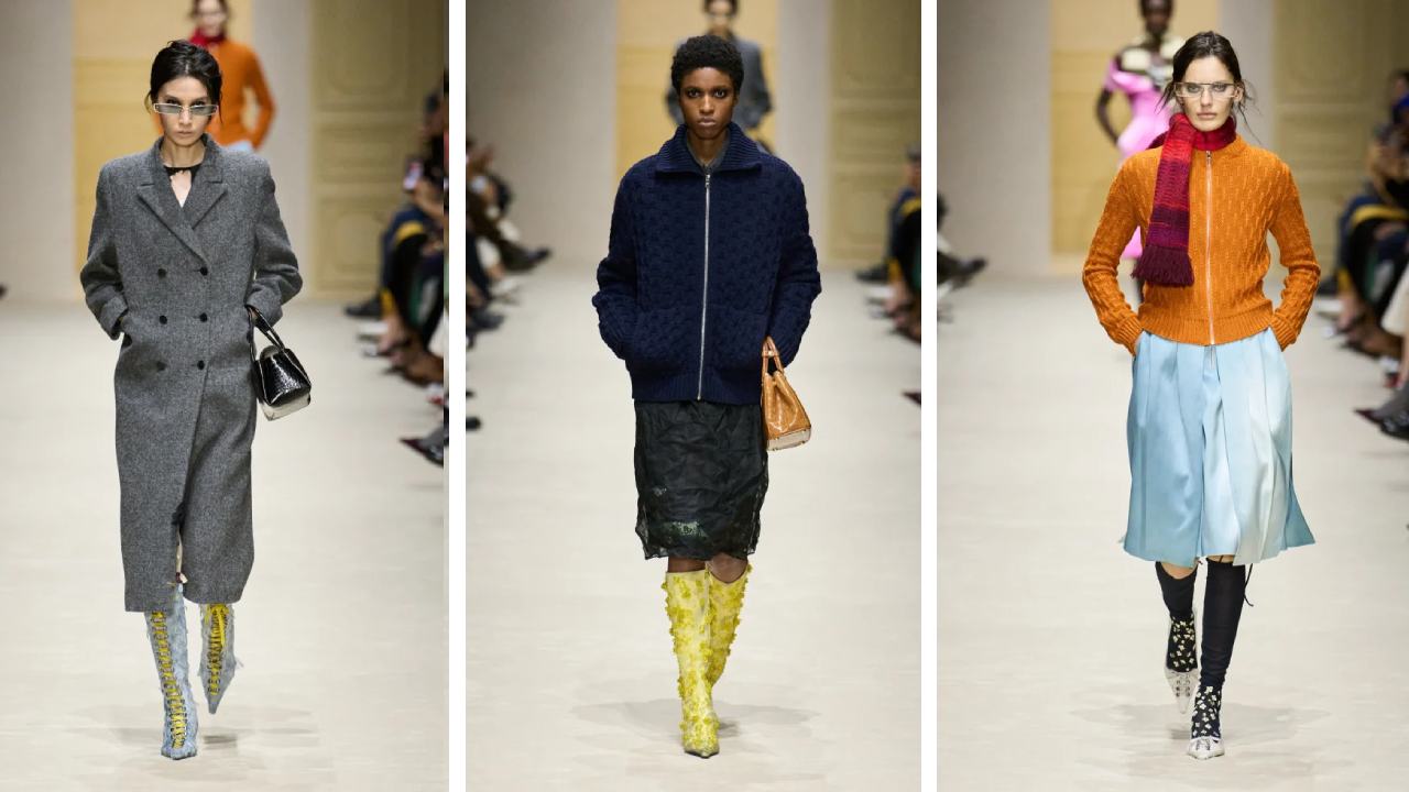 Montagem de fotos de looks do Desfile Prada Feminino Inverno 2026/27 na Semana de Moda de Milão.
