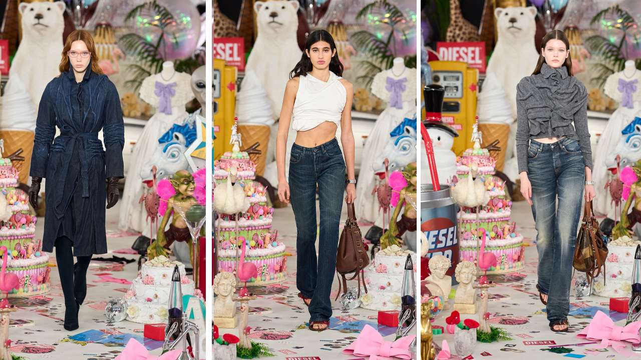 Montagem de fotos do Desfile da Diesel Inverno 2026/27 no primeiro dia da Semana de Moda de Milão.