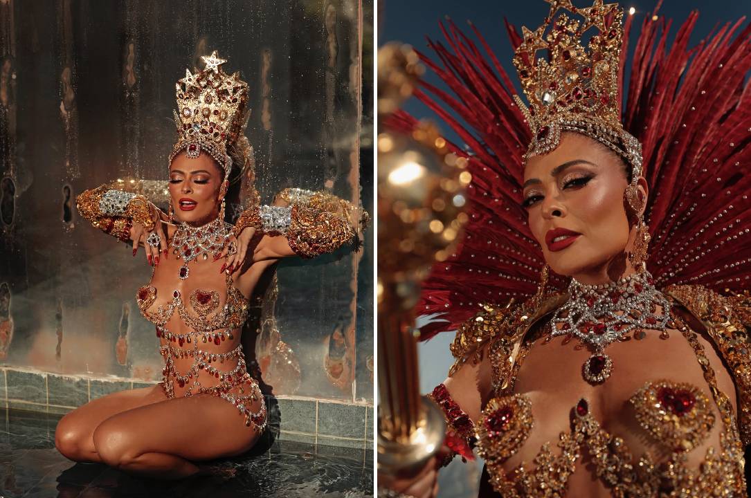 Montagem de fotos da Rainha de Bateria da  Unidos do Viradouro, Juliana Paes, com fantasia assinada pela marca de luxo italiana Dolce e Gabbana.