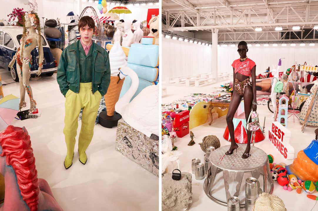 Montagem de fotos do cenário do desfile da Diesel.