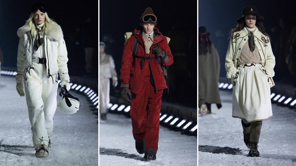 Montagem de looks do desfile de inverno 2026 da Moncler em Aspen.