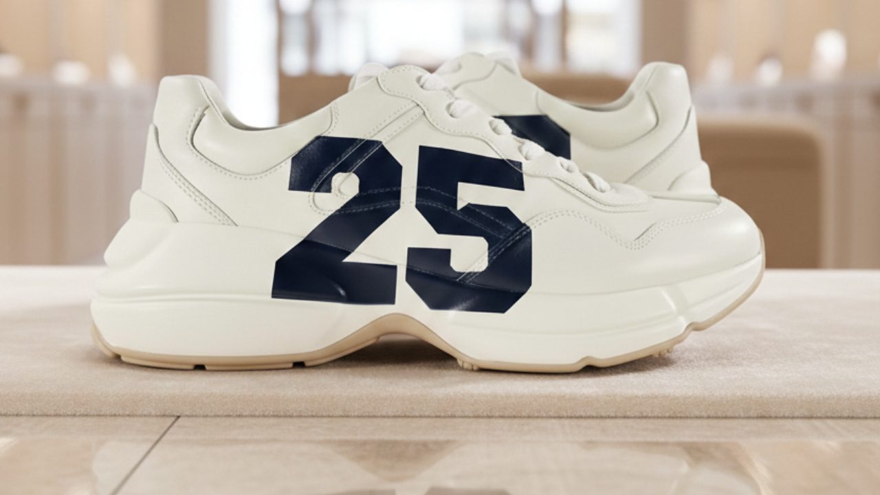 Foto de tênis masculino de grife, modelo Gucci Rhyton.