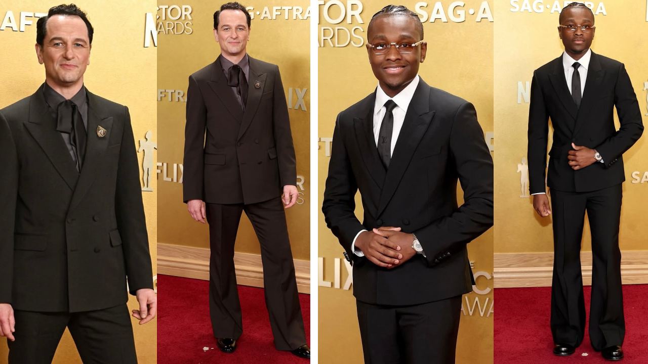 Montagem de fotos dos atores Matthew Rhys e Miles Caton com alfaiataria afiada da LV no Actor Awards.