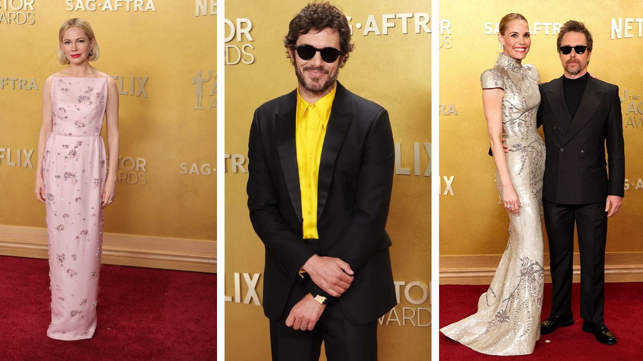Montagem de fotos de Michelle Williams e os atores Adam Brody e Sam Rockwell que usaram Prada na premiação Actor Awards.