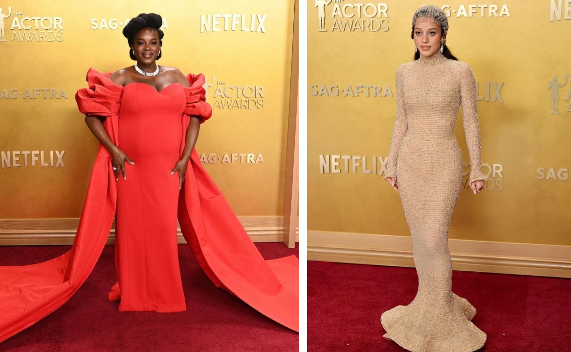 Montagem de fotos de Wunmi Mosaku e Chase Infiniti a bodo de vestidos Louis Vuitton no Red Carpet de domingo.