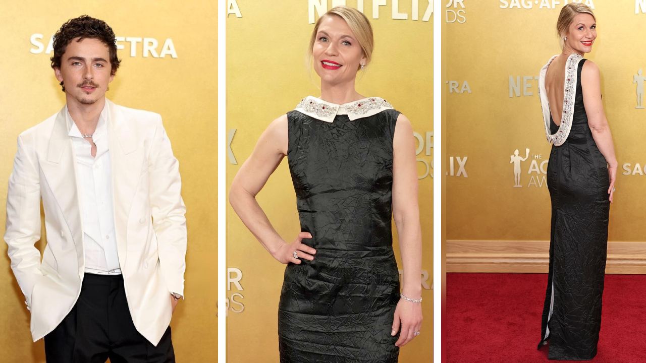 Montagem de fotos de Timothée Chalamet e Claire Danes brilharam com looks de uma das maiores marcas de luxo italianas , a Prada no Actor Awards 2026.