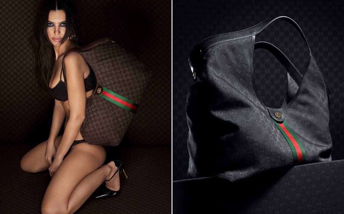 Montagem de fotos da modeloEmily Ratajkowski na Campanha da Gucci com a Nova Bolsa by Demna: A Gucci Giglio.