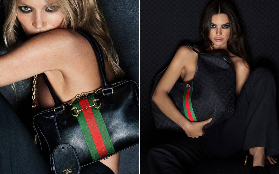 Montagem de fotos das modelos Kate Moss e Emily Ratajkowski na Campanha da Gucci com as novas bolsas da marca para 2026.