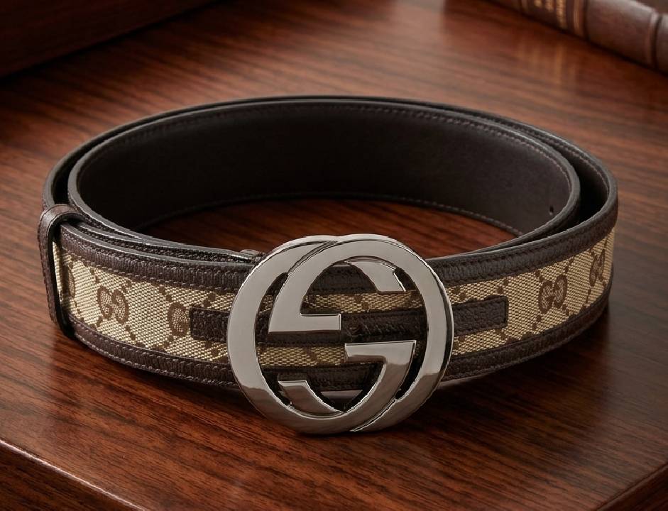 Foto de uma das peças Gucci com monograma na Semana do Consumidor: Cinto Gucci Interlocking G Canvas Marrom.
