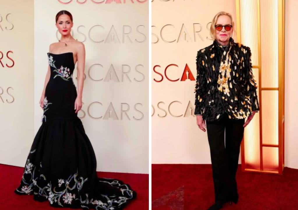 Montagem de fotos das atrizes Rose Byrne e Ami Madigan usando Dior no Tapete Vermelho do Oscar 2026.
