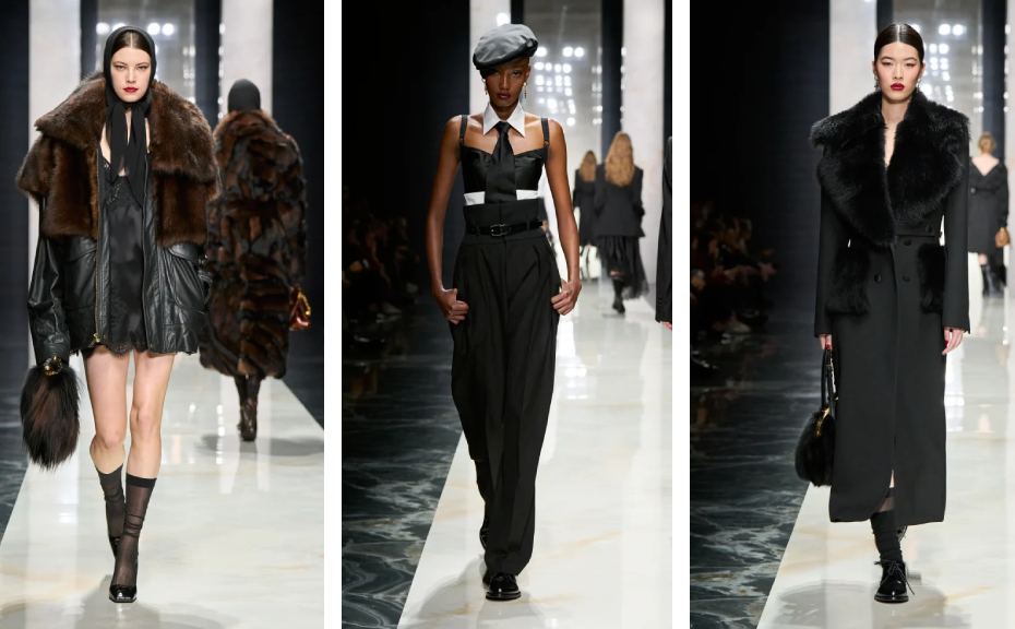 Montagem de fotos de looks do desfile Dolce & Gabbana Inverno 2026/27 na Semana de Moda de Milão.
