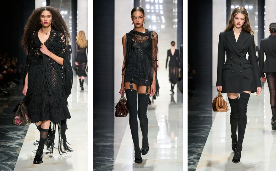 Montagem de fotos de looks da Dolce & Gabbana na Semana de Moda de Milão Inverno 2026.