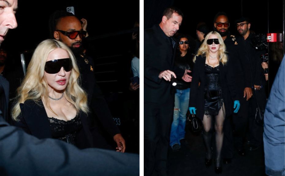 Montagem de fotos de Madonna chegando no Desfile Dolce & Gabbana Inverno 2026/27 na MFW.