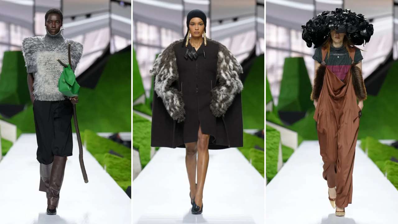 Montagem de fotos do último dia de Desfiles da Semana de Moda de Paris, looks femininos da Louis Vuitton.