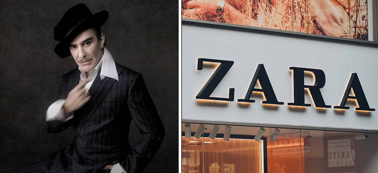 Montagem de fotos de John Galliiano e da faixada da loja da Zara.