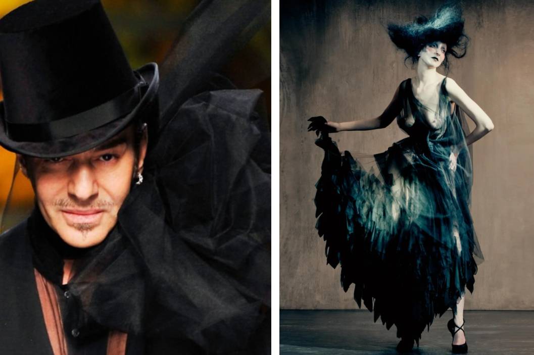 Foto de John Galliano, novo estilista da Zara, ao lado de um look criado para a Margiela.