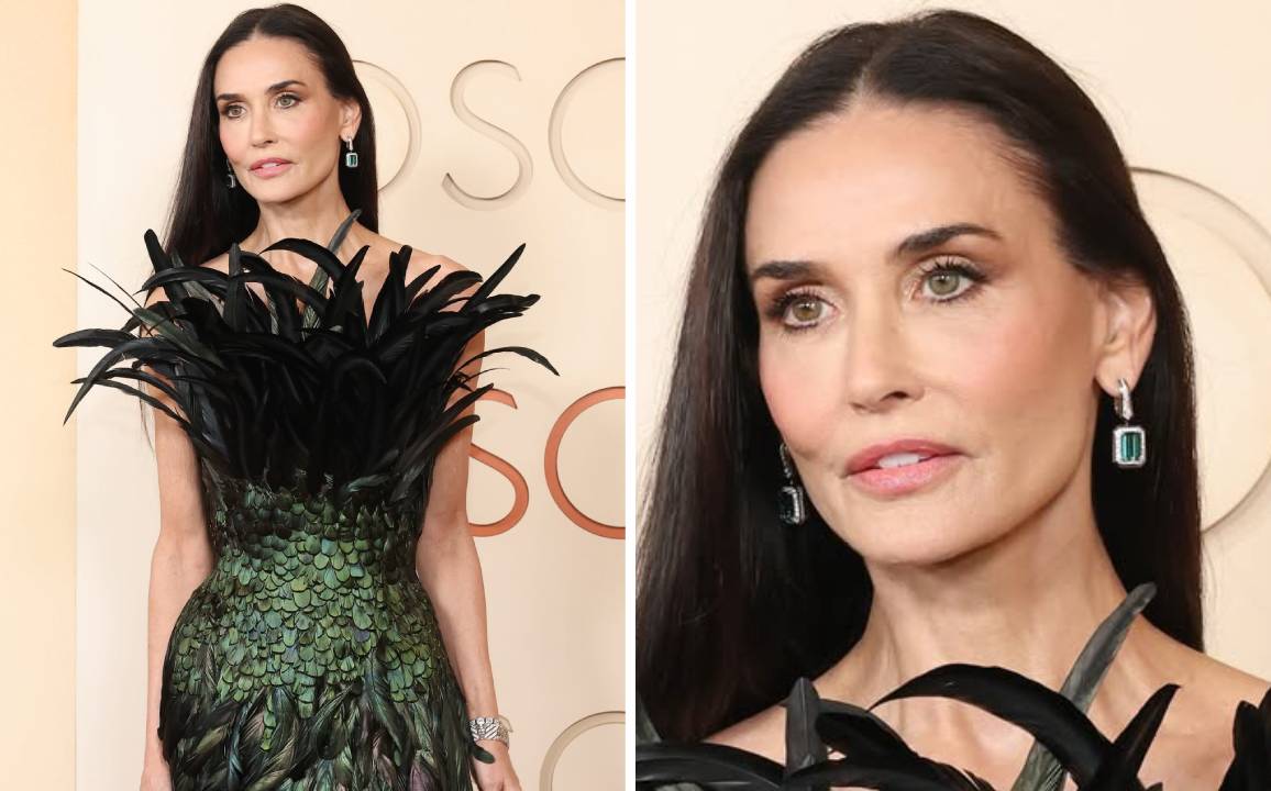 Montagem de fotos de Demi Moore usando joias da marca Boucheron no Oscar 2026.