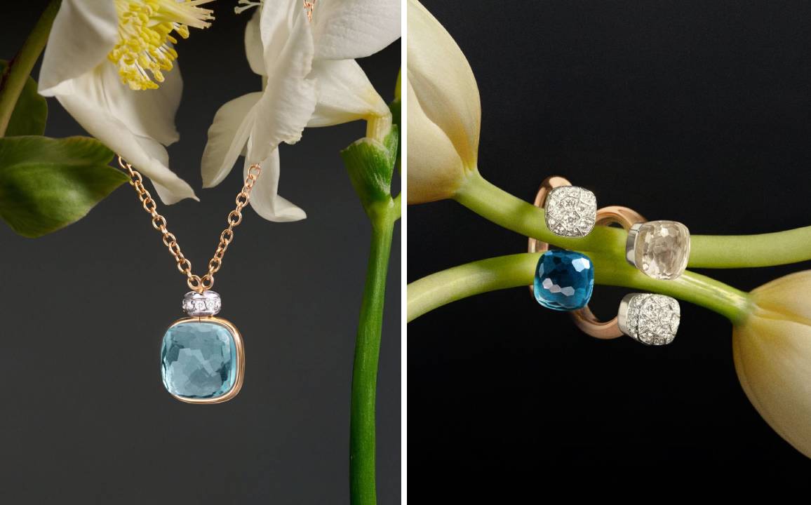 Montagem de fotos de joias da marca Pomellato que pertence ao grupo Kering.