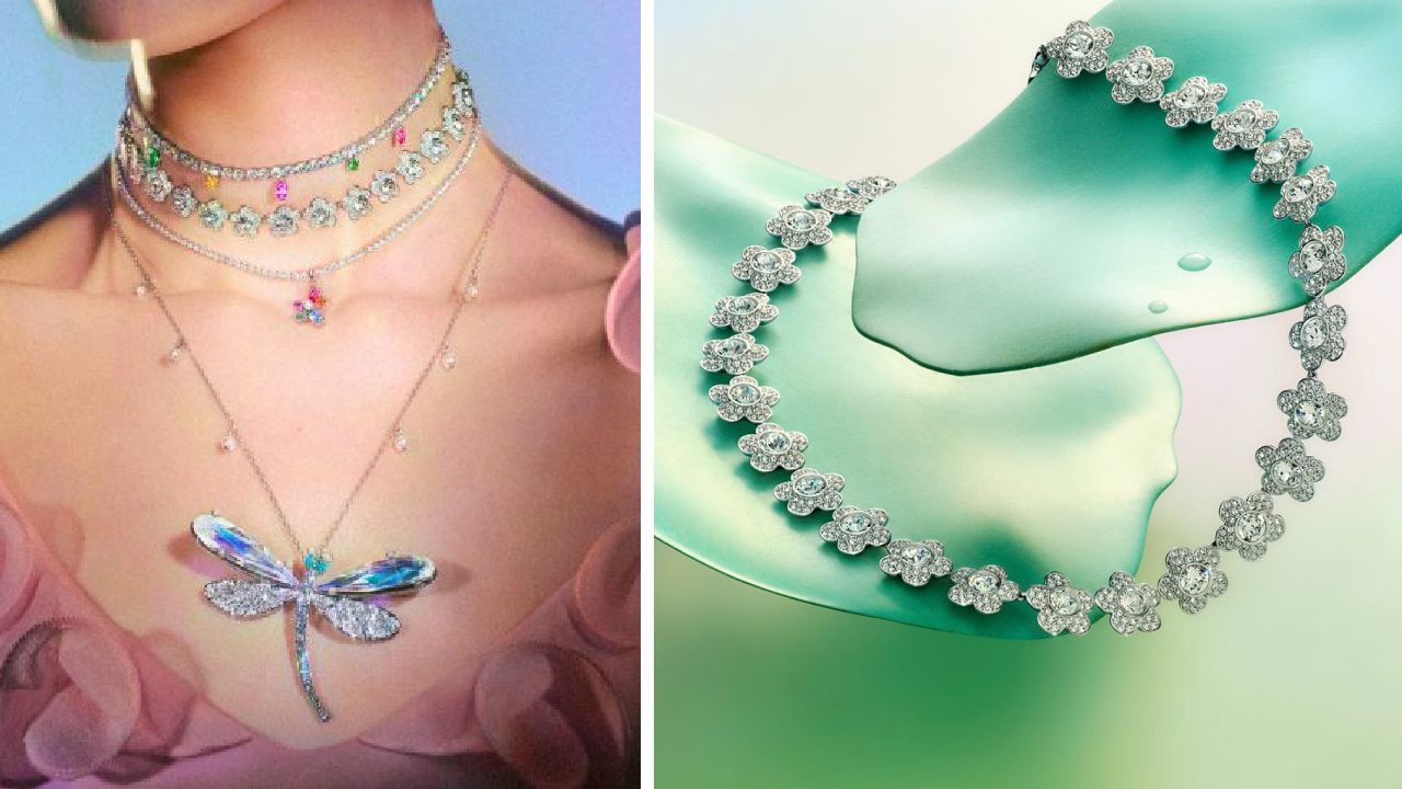 Montagem de fotos da nova coleção de colares Swarovski.