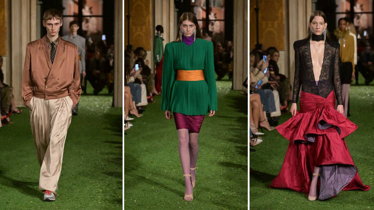 Montagem de fotos do Desfile Valentino Inverno 2026/27 em Roma, por Alessandro Michele.