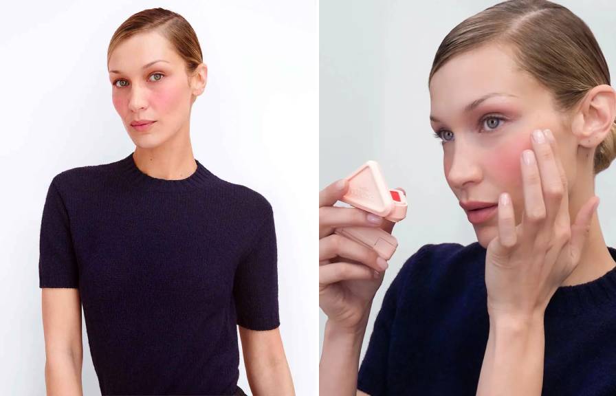 Montagem de fotos da modelo Bella Hadid usando o Prada Touch, o novo blush da marca de luxo italiana.