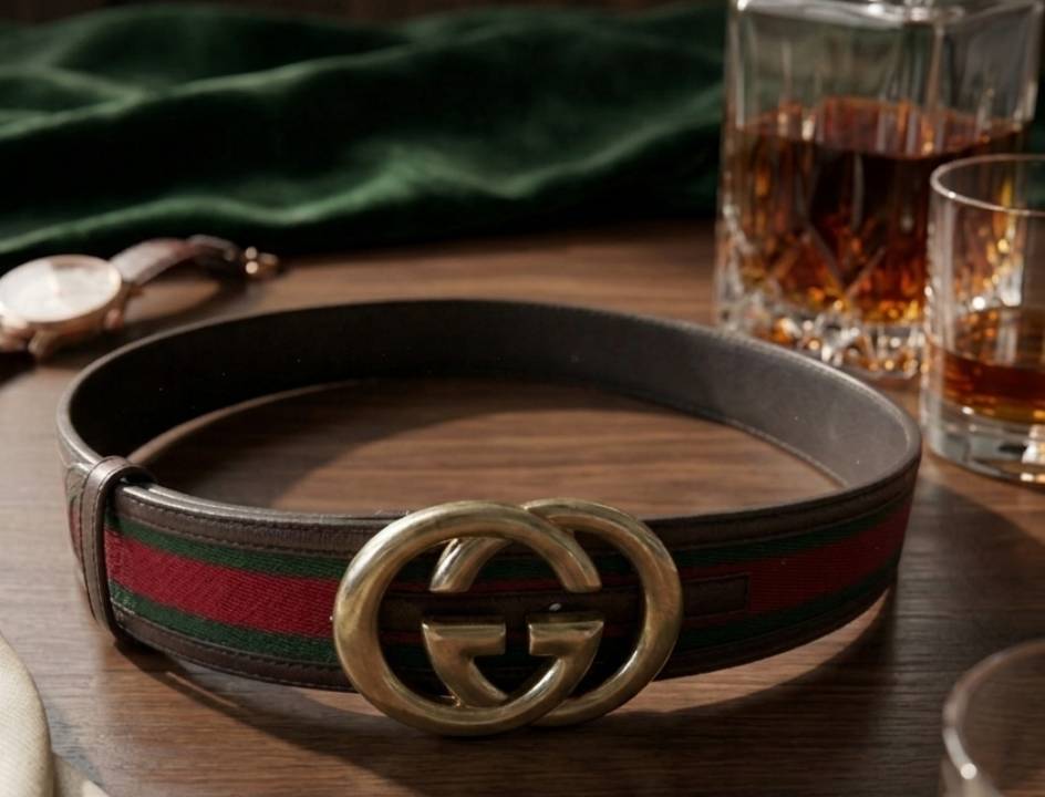 Foto de uma das peças de luxo para homens no mês do consumidor: Cinto Gucci Interlocking G Web Bicolor.