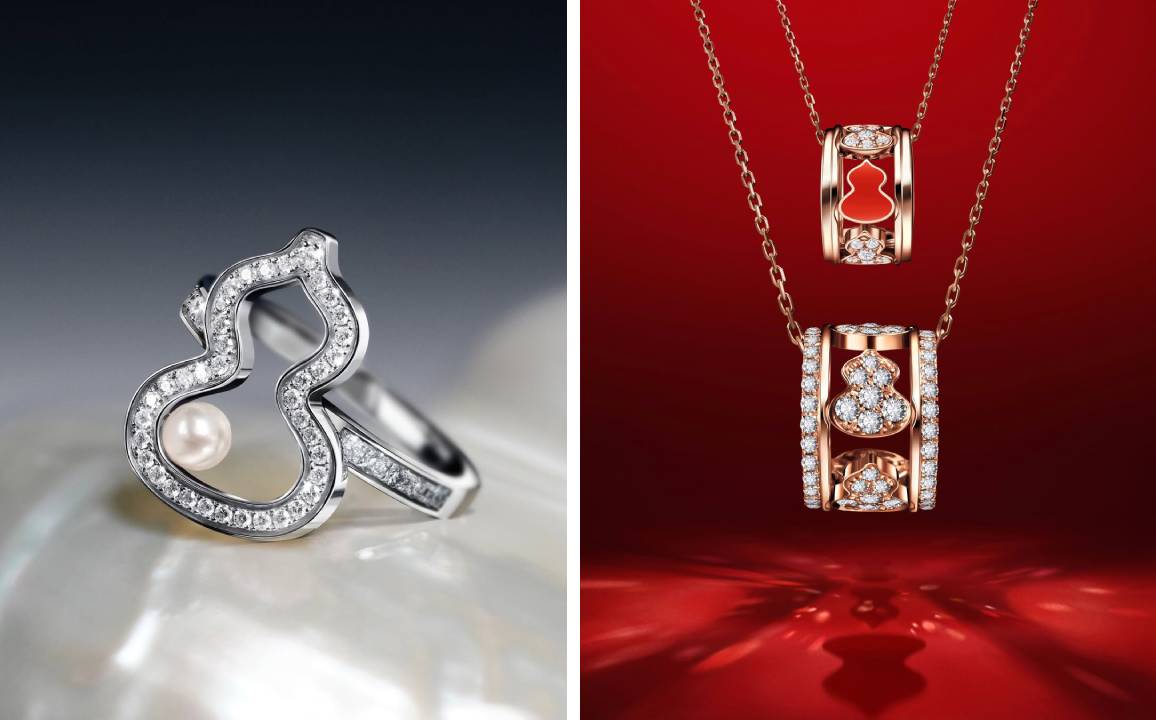 Montagem de fotos de joias da marca qeelin que a Kering é dona.