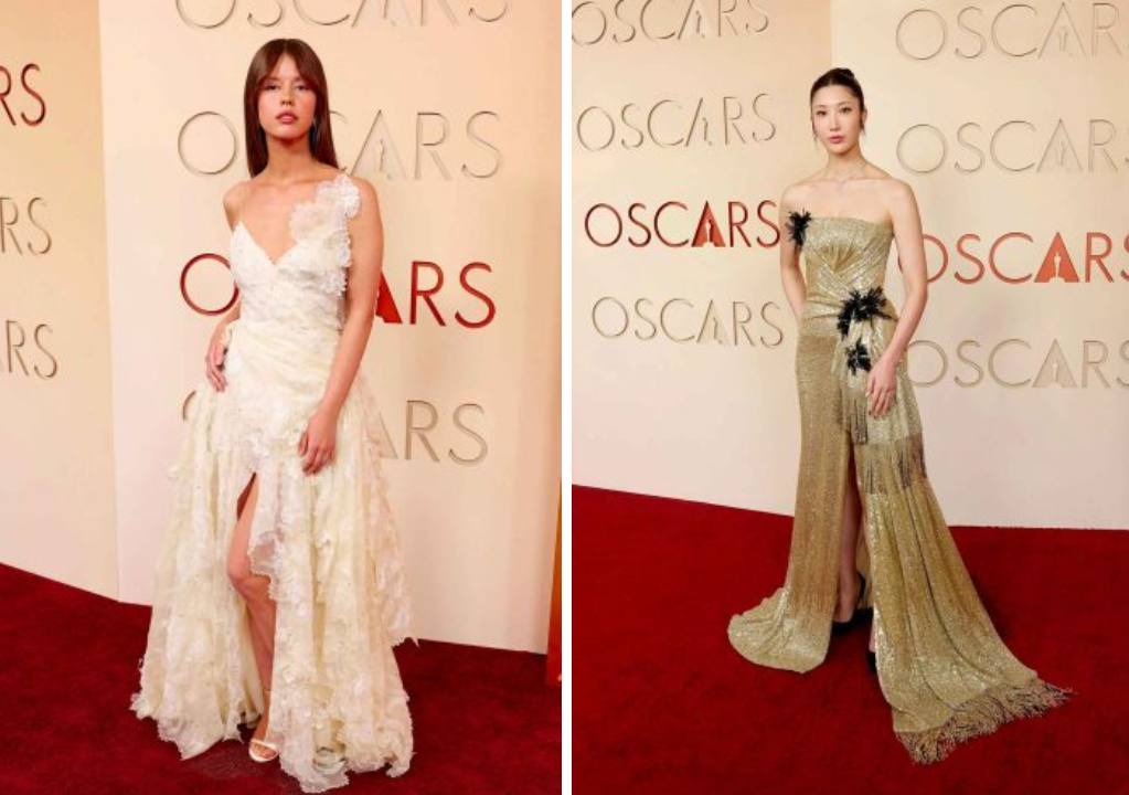 Montagem de fotos dos looks de Mia Goth e EJAE no Oscar 2026.
