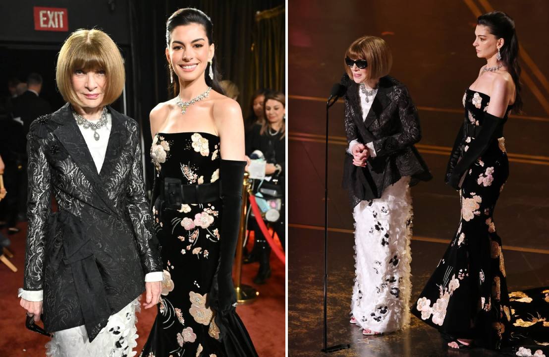 Montagem de fotos de Anna Wintour e Anne Hathaway apresentando a categoria de melhor figurino.