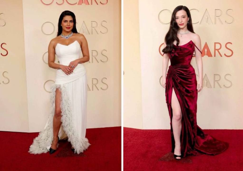 Montagem de fotos de Priyanka Chopra e Mikey Madison no red carpet do Academy Awards 2026.