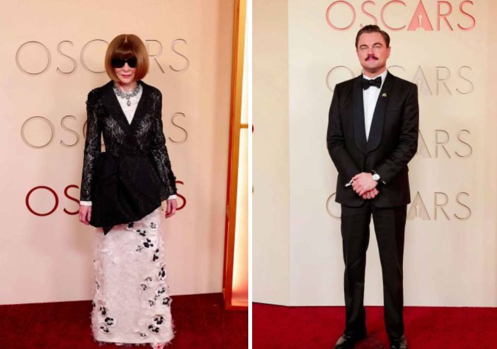 Montagem de fotos de Anna Wintour e Leonardo Dicaprio usando Dior no Oscar 2026.