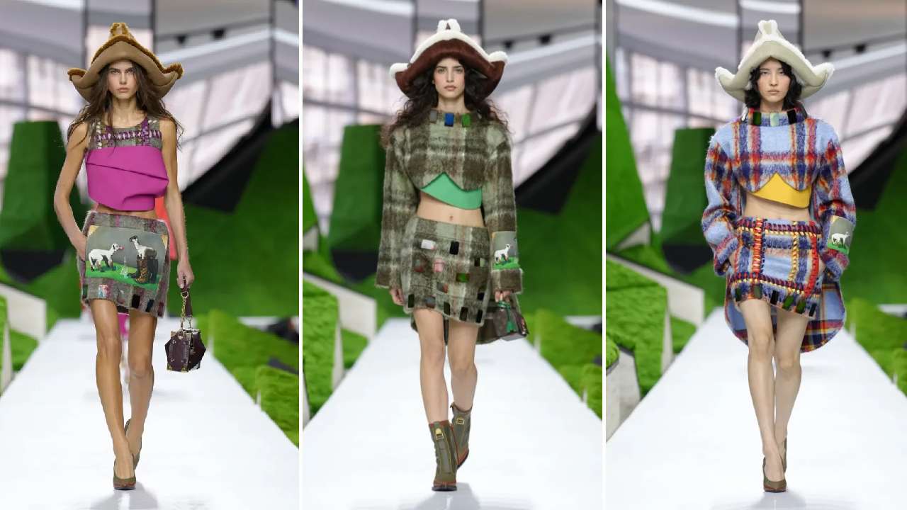 Montagem de fotos da 
Coleção Feminina Louis Vuitton Inverno 2026 por Nicolas Ghesquière na Paris Fashion Week.